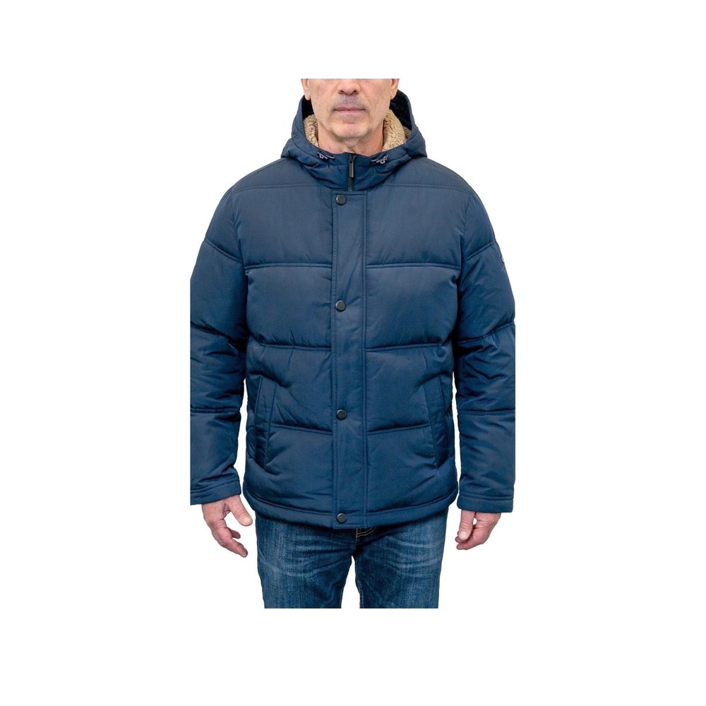 London Fog Mens Navy Blue Hooded Puffer Jacket Recycled Insulation Size Medium